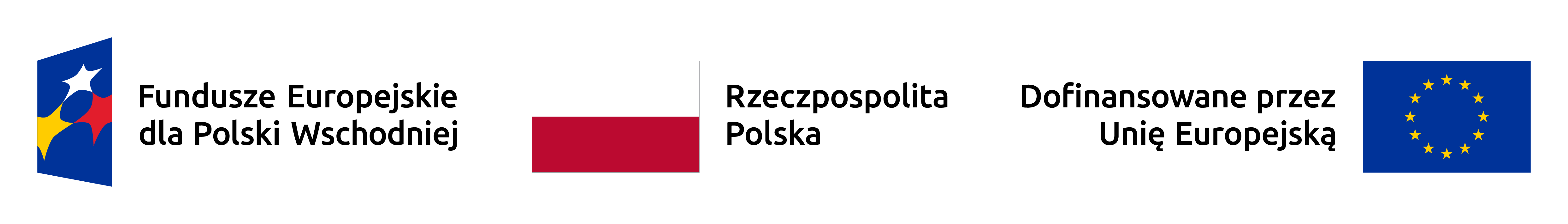 Zestaw znaków: Fundusze Europejskie dla Polski Wschodniej, Rzeczpospolita Polska, Dofinansowane przez Unię Europejską